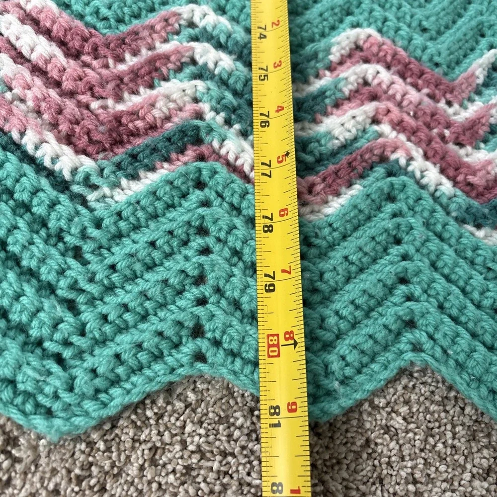 Handmade Crochet‎ AFGHAN Knit Chevron Zig Zag Blanket Throw Teal Pink White